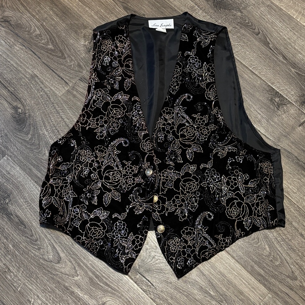 Vintage Lisa Josephs Black Glitter Floral Vest